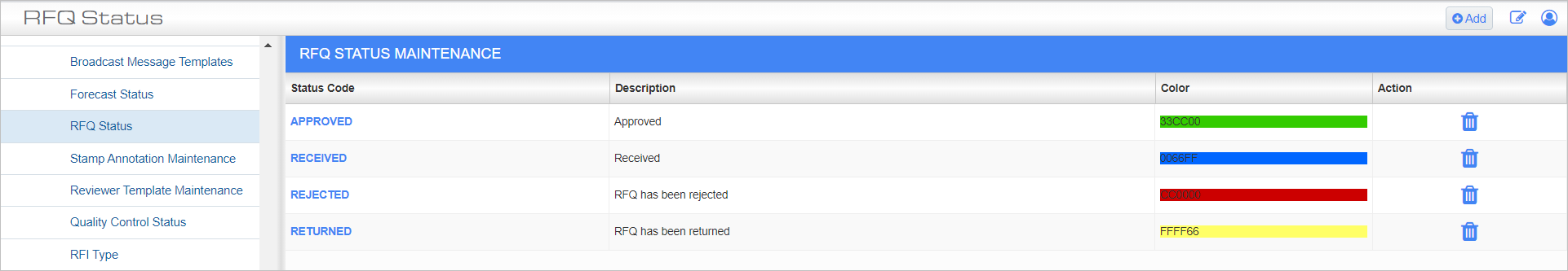 Screenshot of RFQ Status.