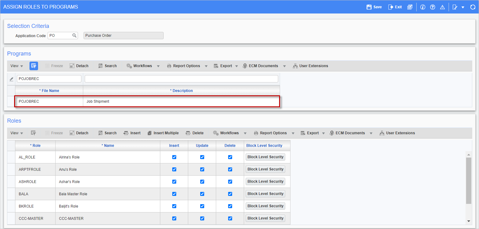 Screenshot of Assign Roles to Programs with PORJOBREC program highlighted