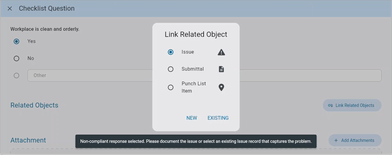 Screenshot of Checklist tab with Link Related Object pop-up.