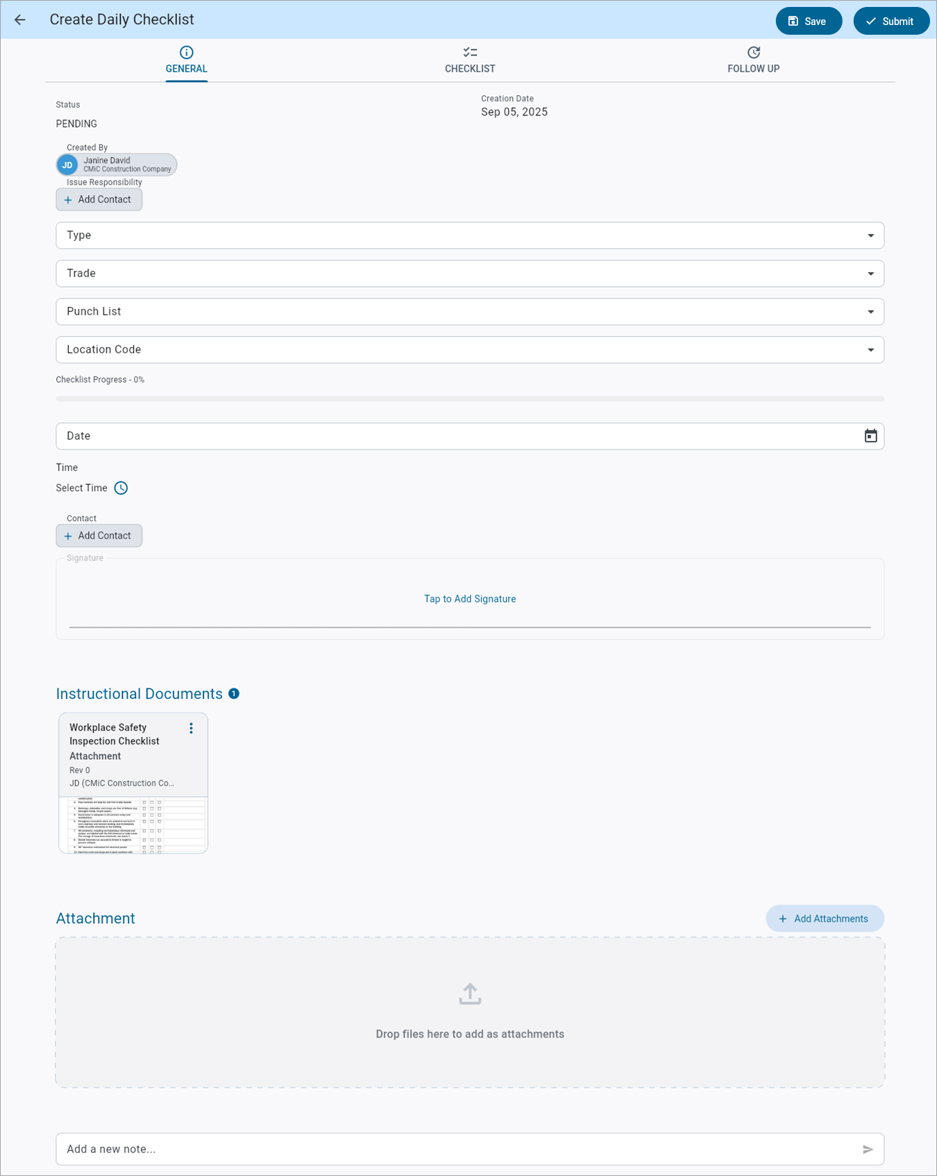Screnshot of Create Checklist - General tab.