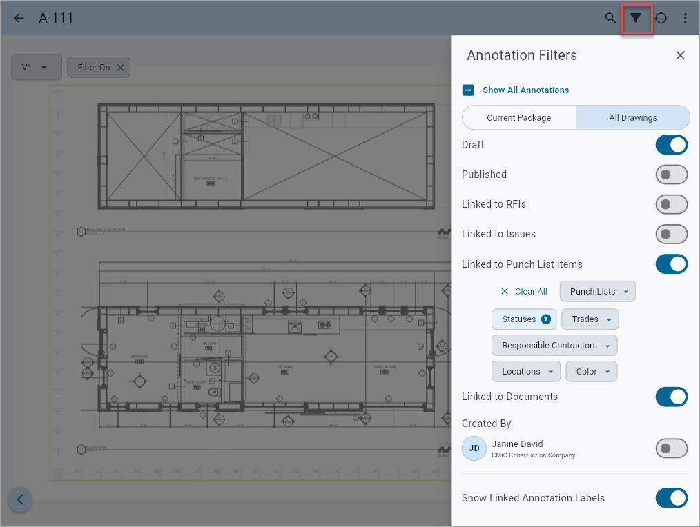 Screenshot of Annotation Filters on Drawigns.