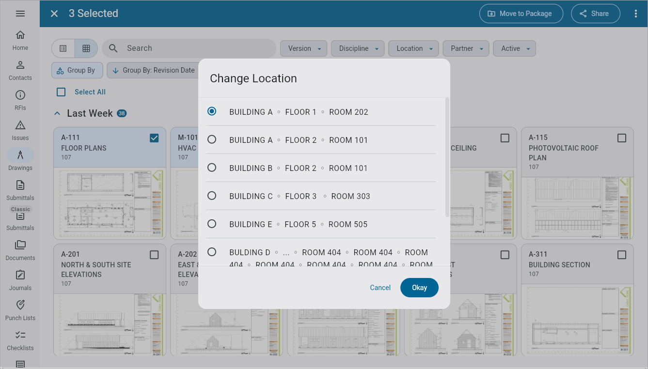 Screenshot of Drawings with Change Location pop-up.