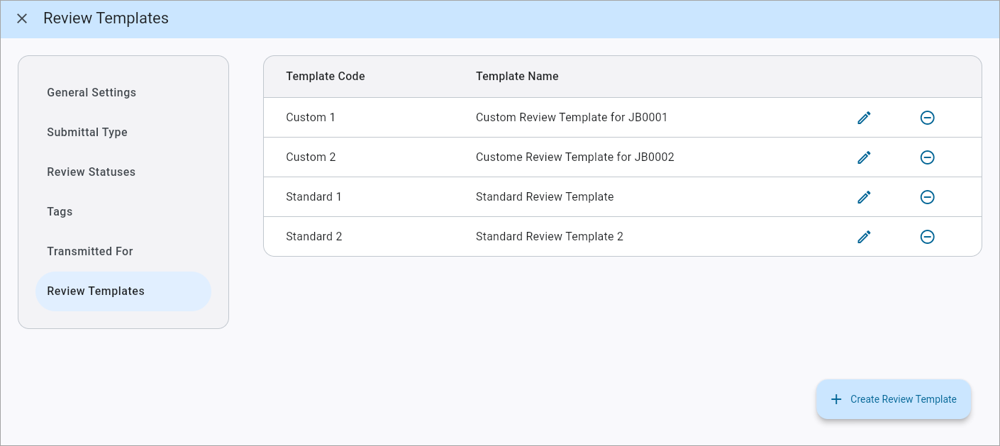 Screenshot of Review Templates.