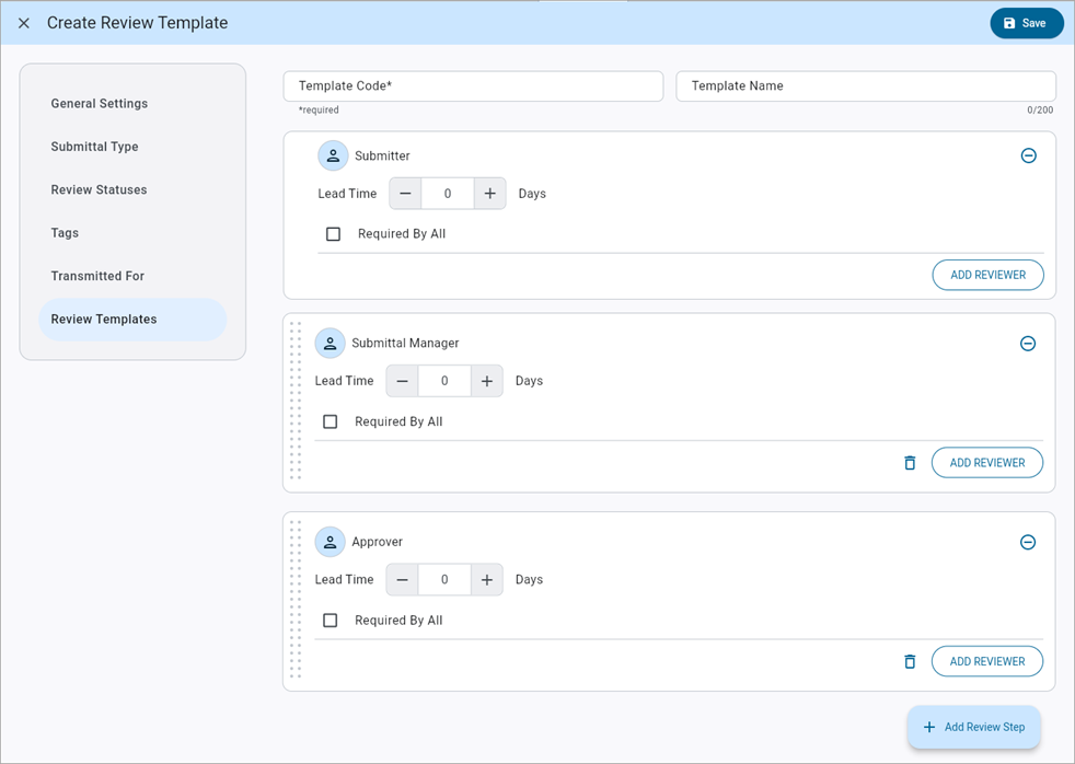 Screenshot of Create Review Template.
