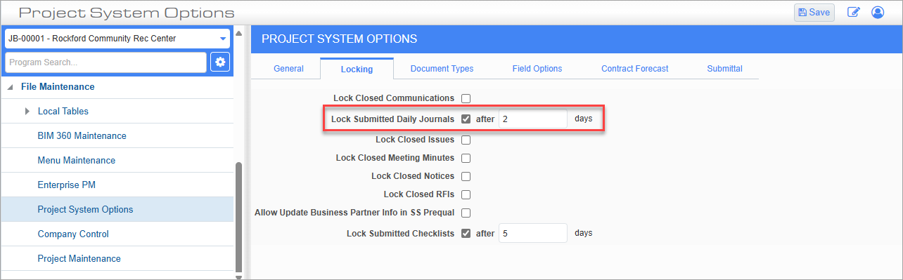 Screenshot of Project System Options with locking option highlighted.