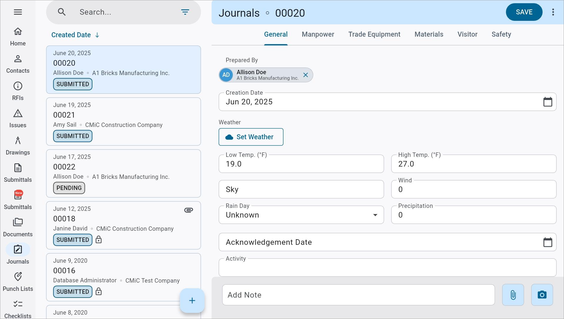 Screenshot of Daily Journals.