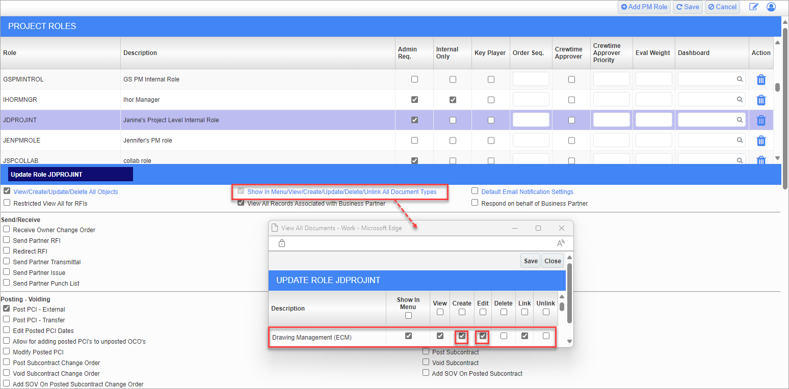 Screenshot of Project Roles with pop-up