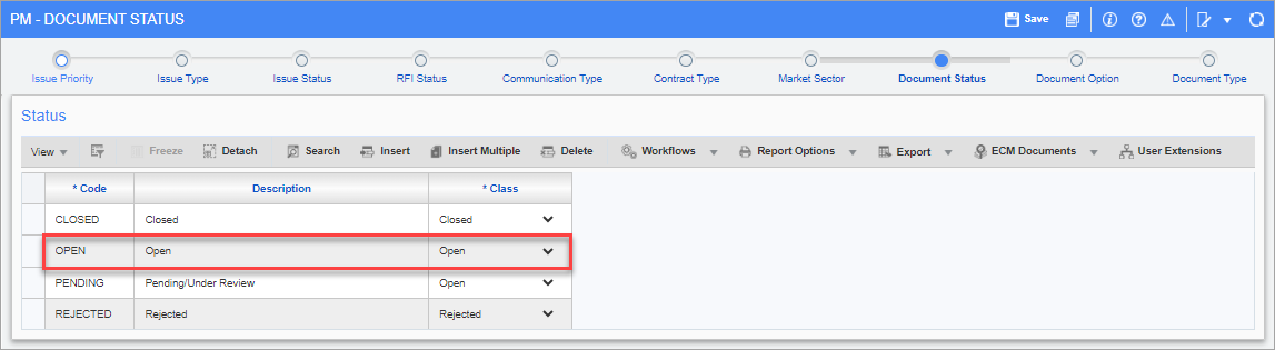 Screenshot of Document Status node of the Maintain Data Process screen.