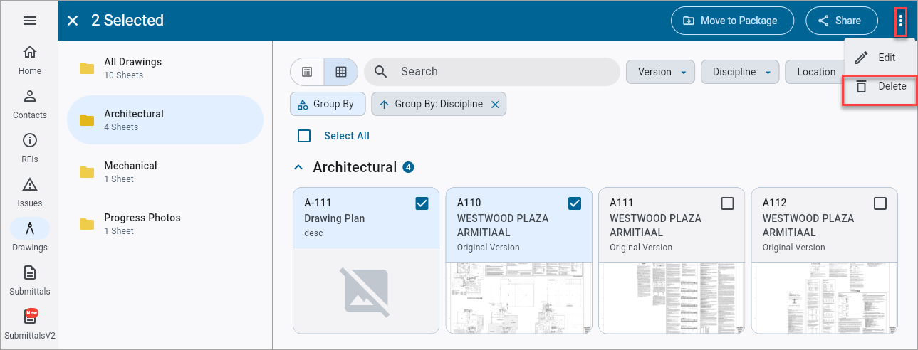 Screenshot of Delete option for drawing sheet in package.