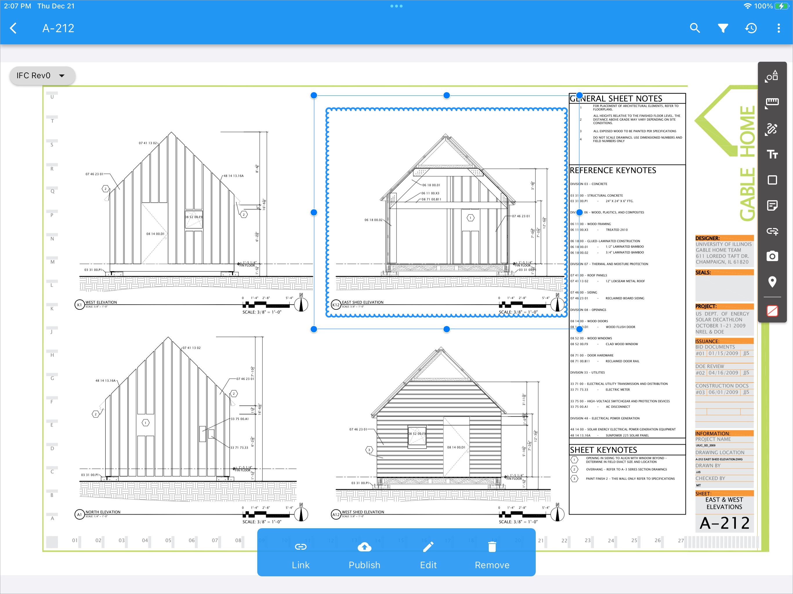 Screenshot of Construt PM's drawing sheet with annotation linking options displayed.