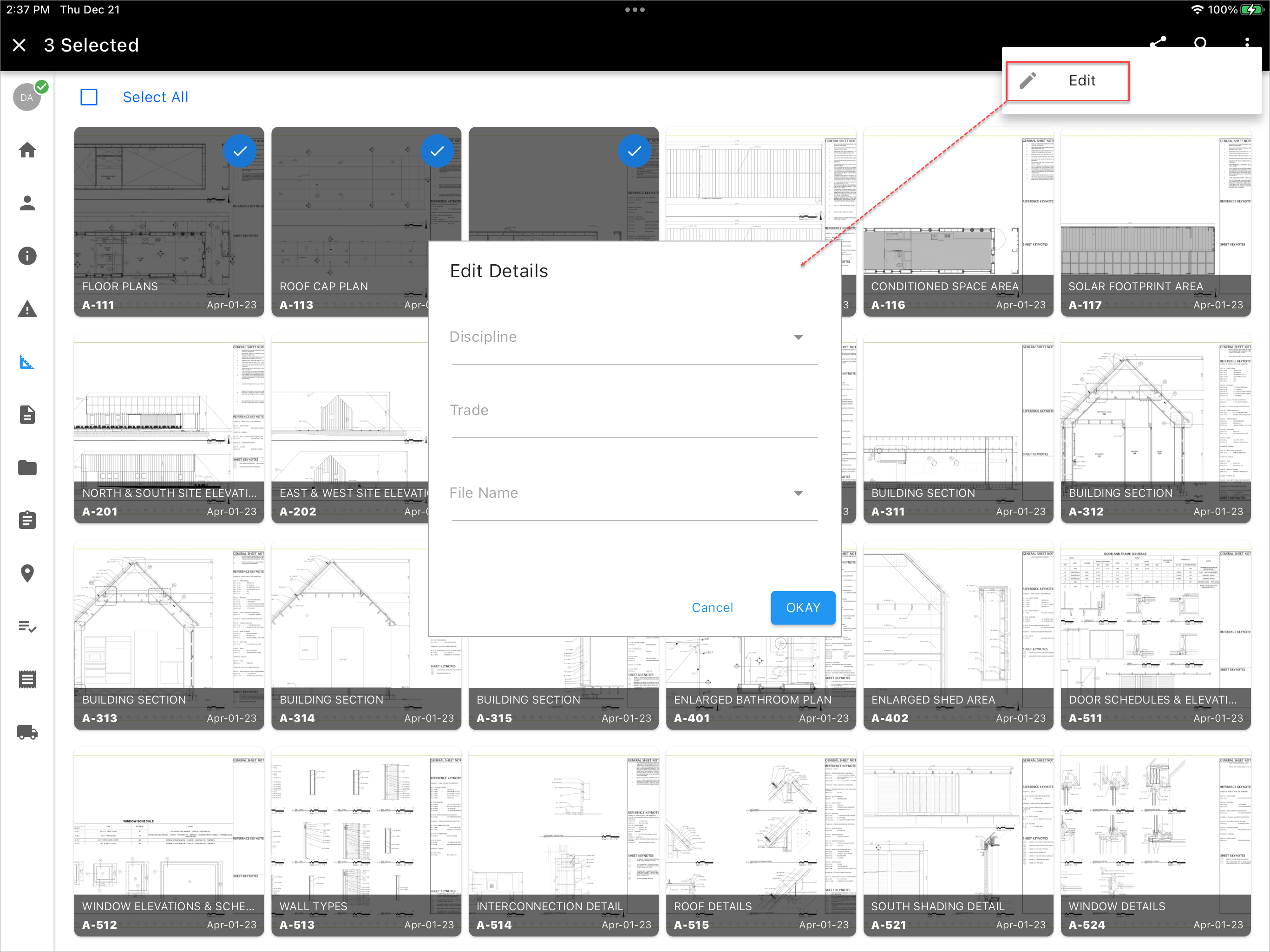 Screenshot of Construct PM app's Batch Edit Details pop-up.