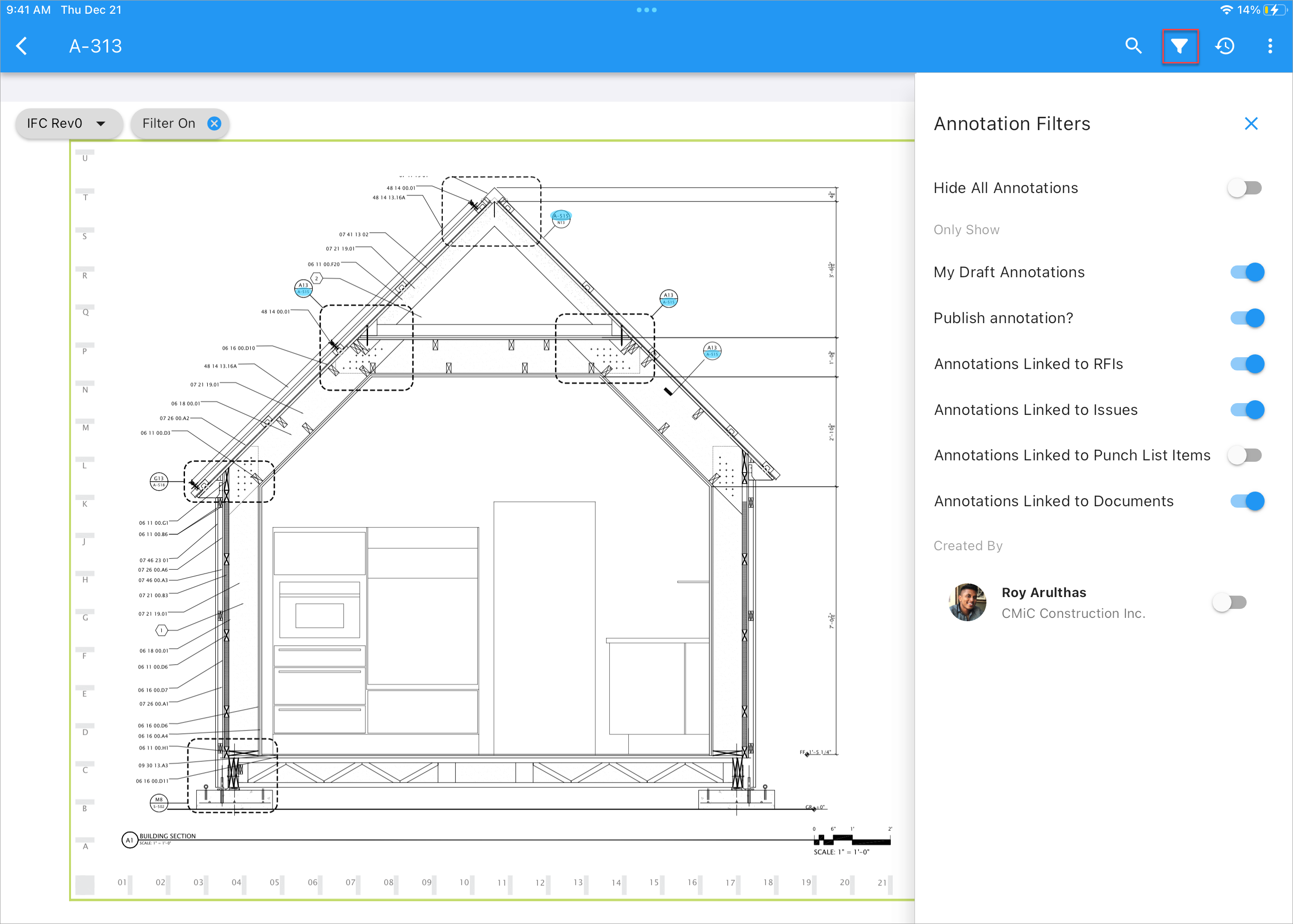 Screenshot of Construct PM app's drawing with Annotation Filters icon enabled.