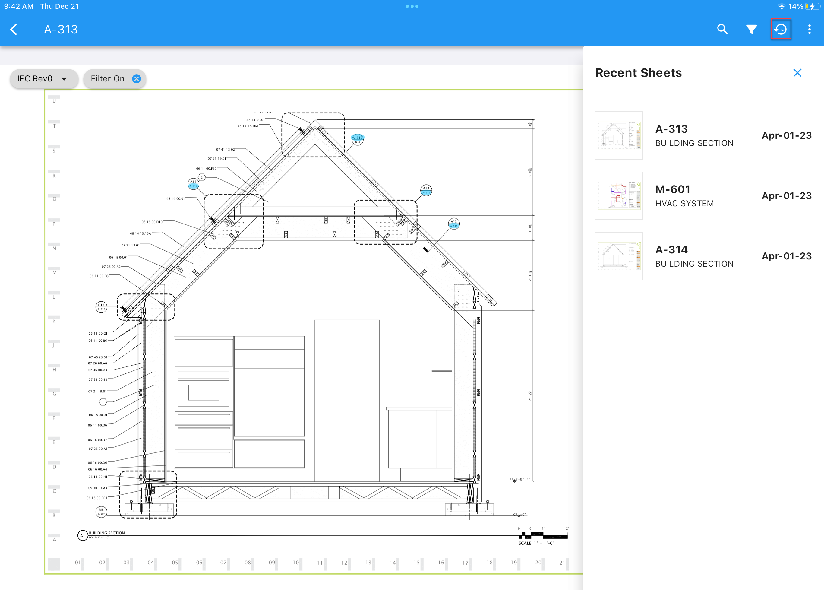 Screenshot of Construct PM app's drawing sheet showing Recent Sheet's icon enabled.