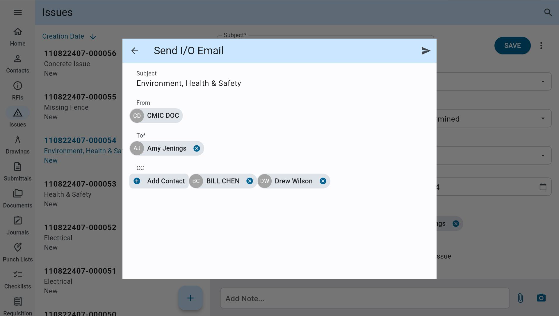 Screenshot of Send I/O Email pop-up