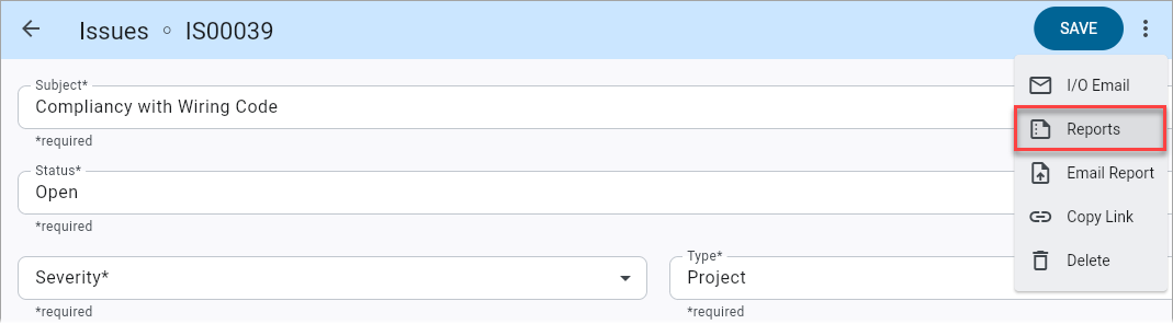 Screenshot of Issues menu with "Reports" highlighted.