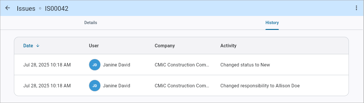 Screenshot of History tab.