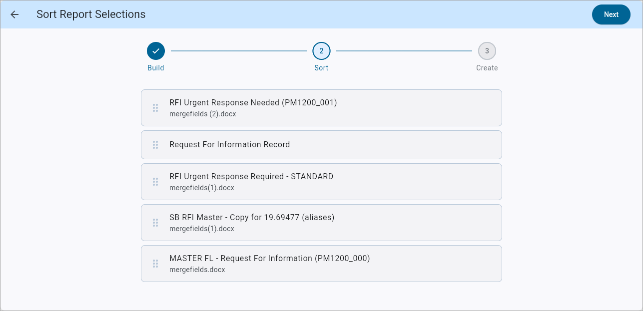 Screenshot of Sort Report Selections