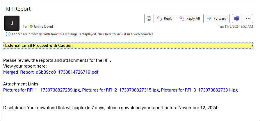 Image of sample email with download links for report and attachments.