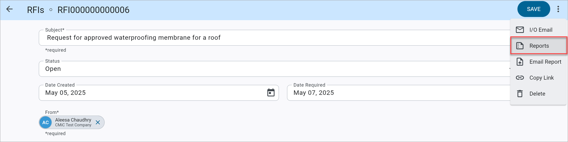 Screenshot of RFI menu with Reports" option highlighted.