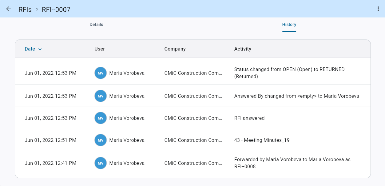 Screenshot of History tab.