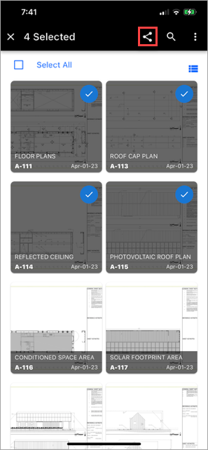 Screenshot of selecting drawings to be shared.