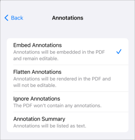 Screenshot of Share option with annotation options available for PDF.
