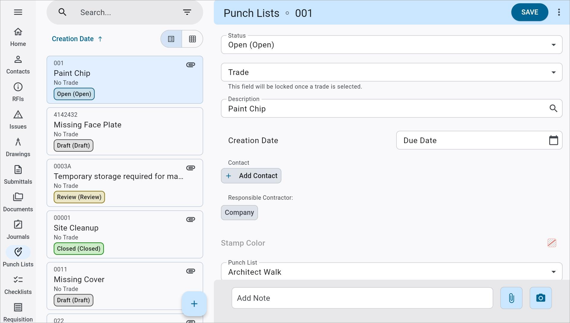 Screenshot of Punch Lists