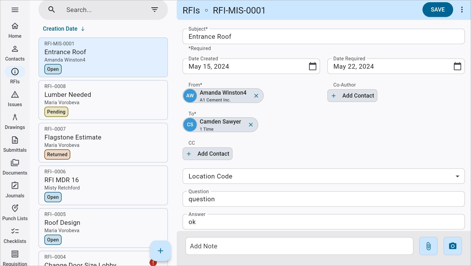 Screenshot of RFIs 