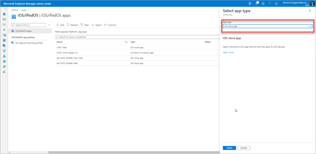 Screenshot of  Microsoft Endpoint Manager with App Type selected