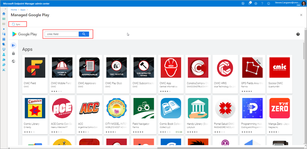Screenshot of  Microsoft Endpoint Manager search feature in Google play