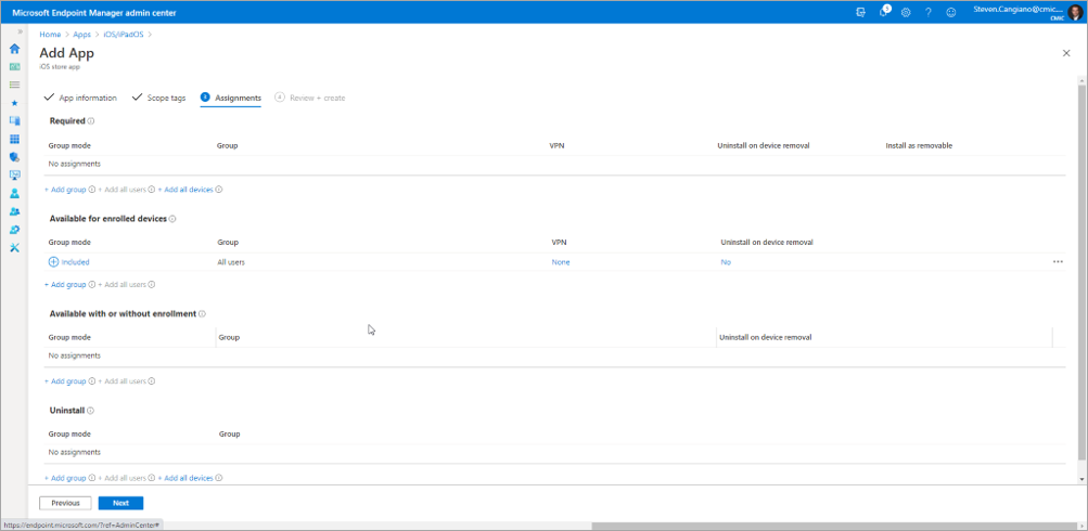 Screenshot of  Microsoft Endpoint Manager with app information