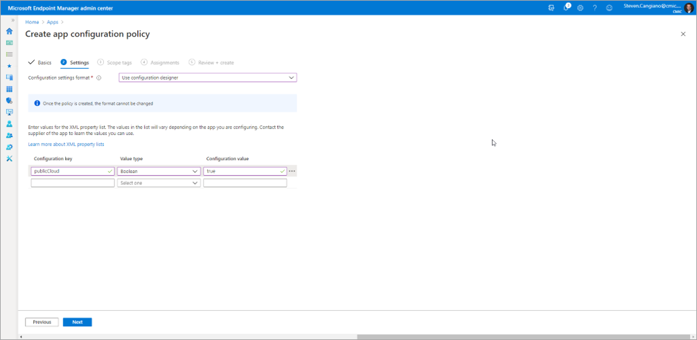 Screenshot of  Microsoft Endpoint Manager- Configuration designer