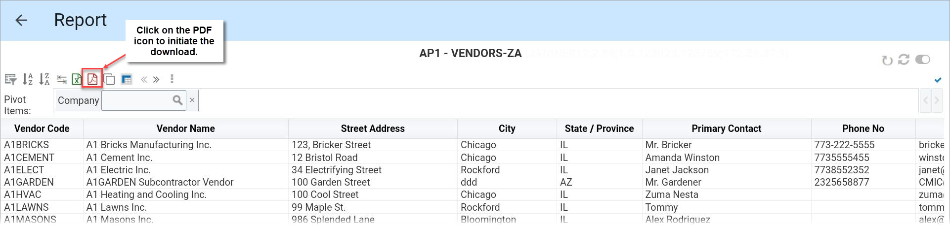 Screenshot of Analytics report with PDF icon highlighted