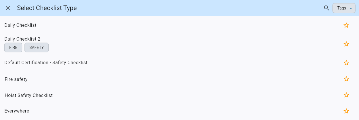 Screenshot of Select Checklist Type.