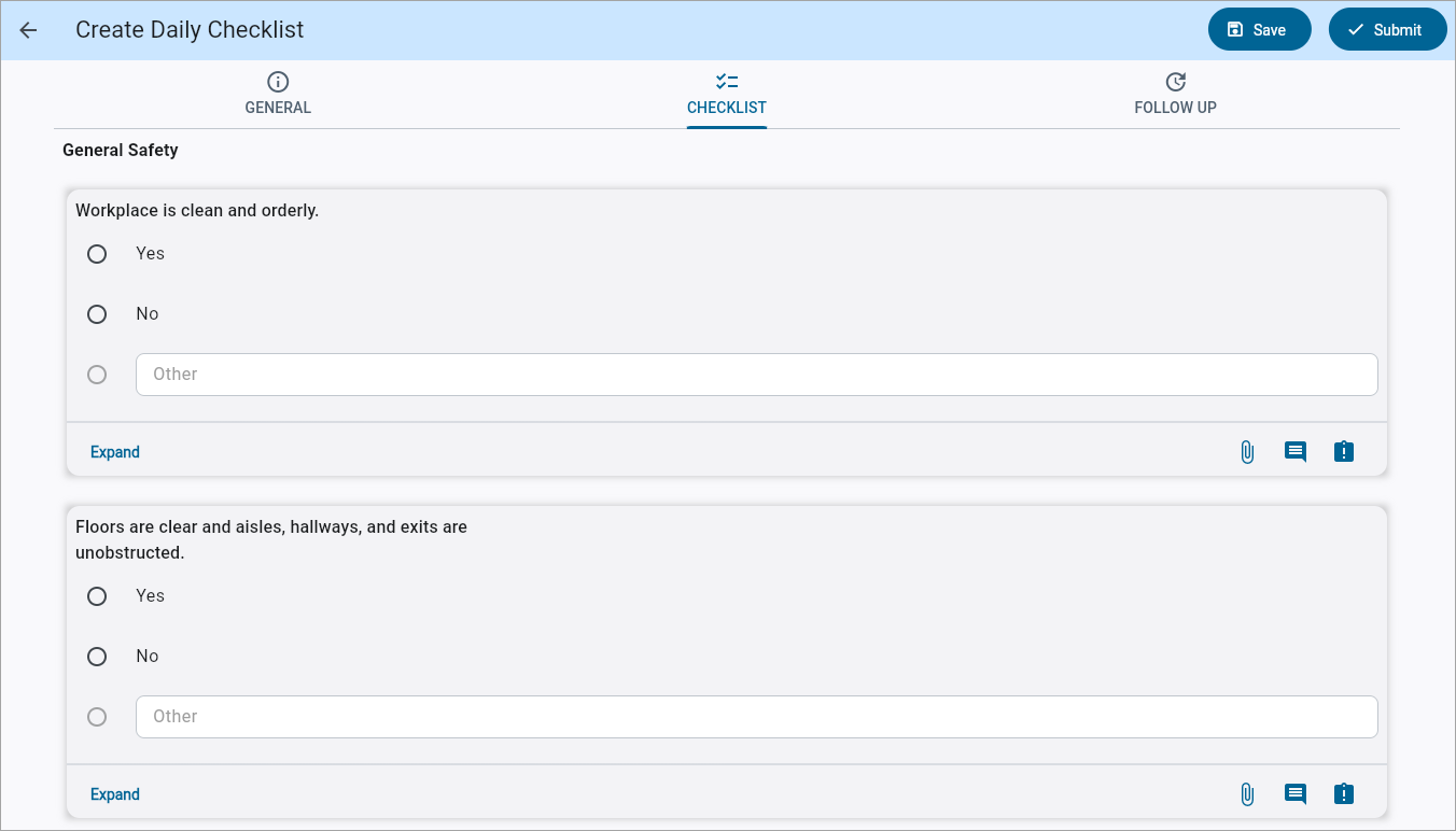 Screenshot of Checklist tab