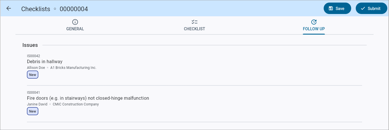 Screenshto of Checklist Follow Up tab.