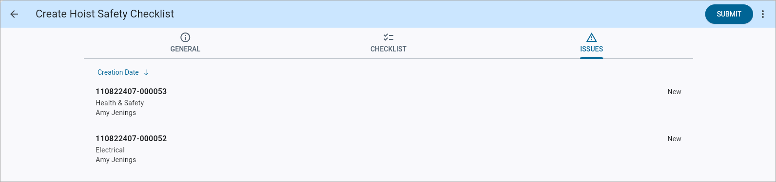 Screenshto of Checklist Issues tab