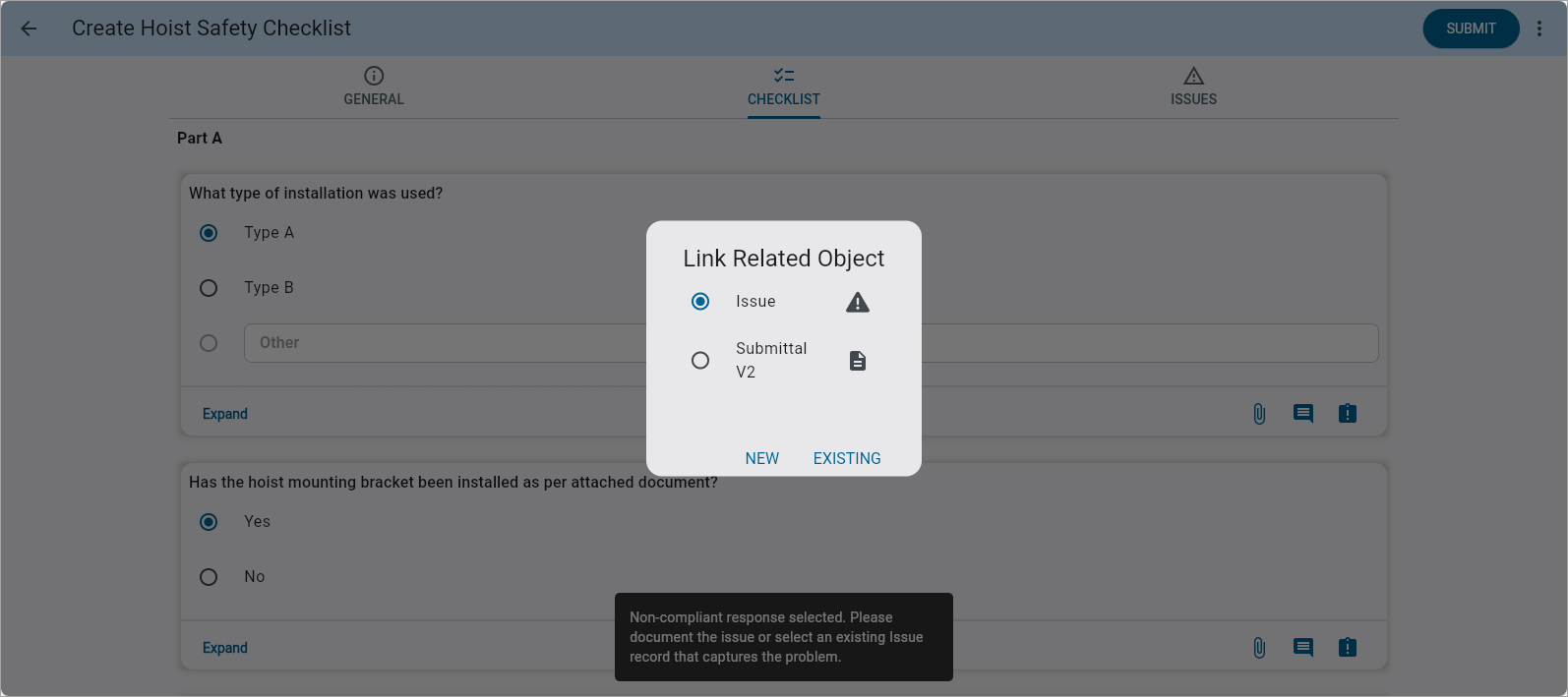 Screenshot of Checklist tab with Link Related Object pop-up