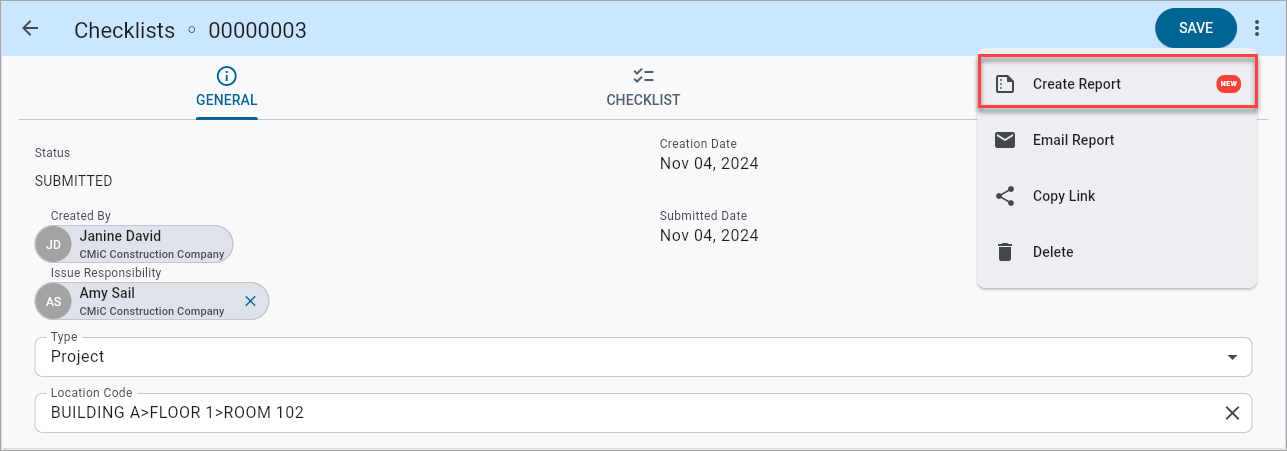 Screenshot of Checklist menu with "Create Report" highlighted.