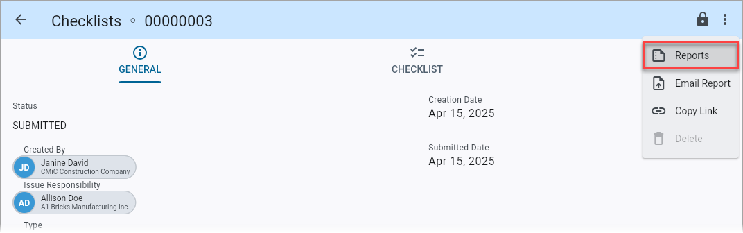 Screenshot of Checklist menu with "Reports" option highlighted.