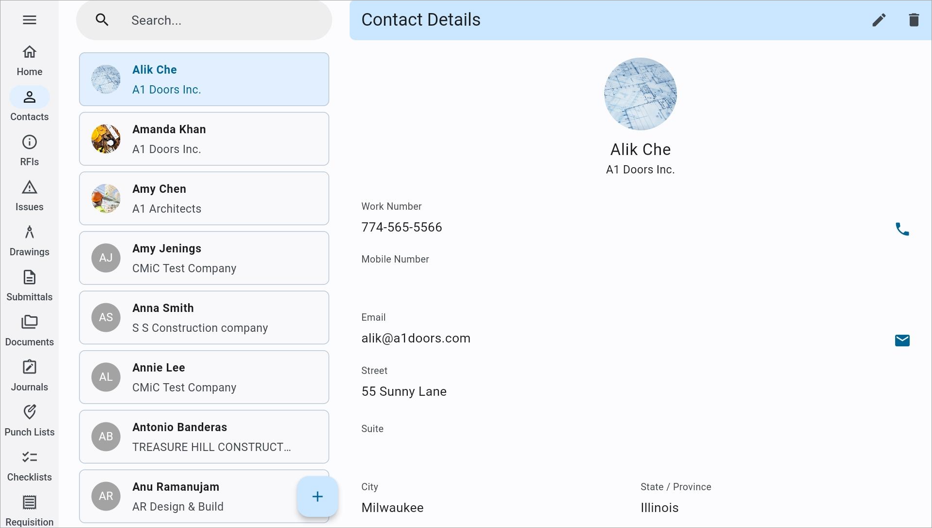 Screenshot of Construct PM Contacts