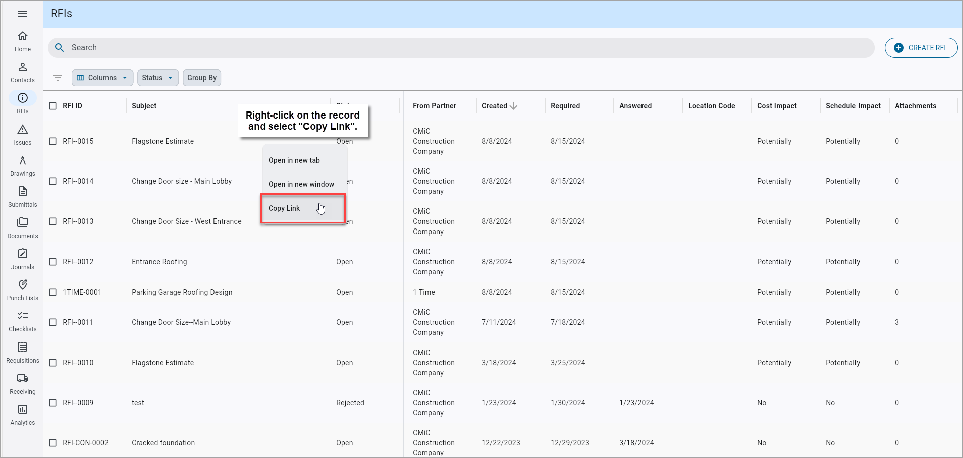 Screenshot of RFIs with record right-clicked and Copy Link shown in menu.
