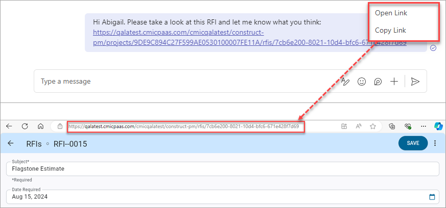 Image showing link copied from Teams message into browser