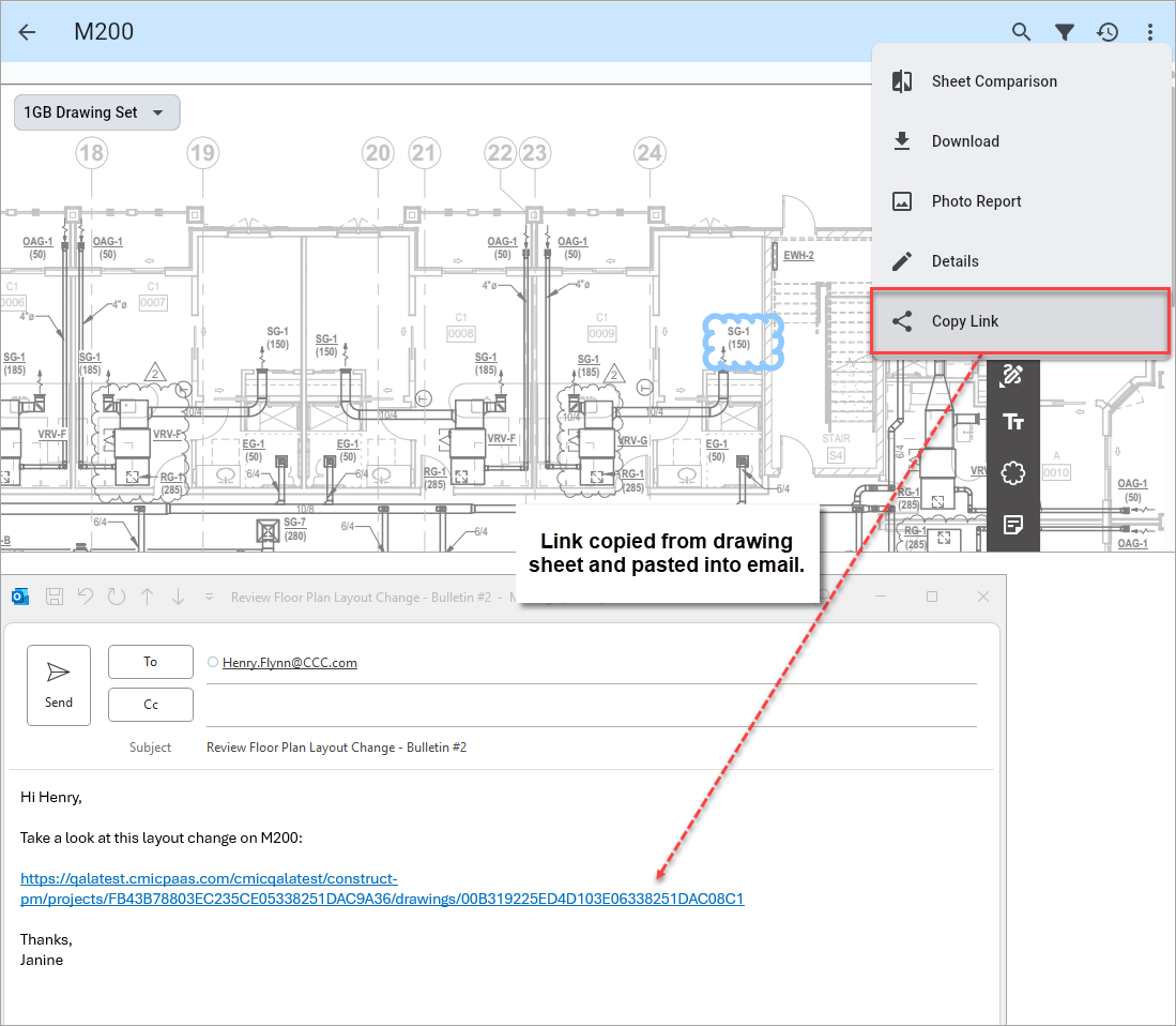 Image showing link copied from drawing sheet and pasted into email.