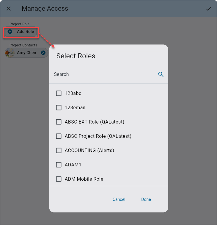 Screenshot of Manage Access with Select Roles pop-up