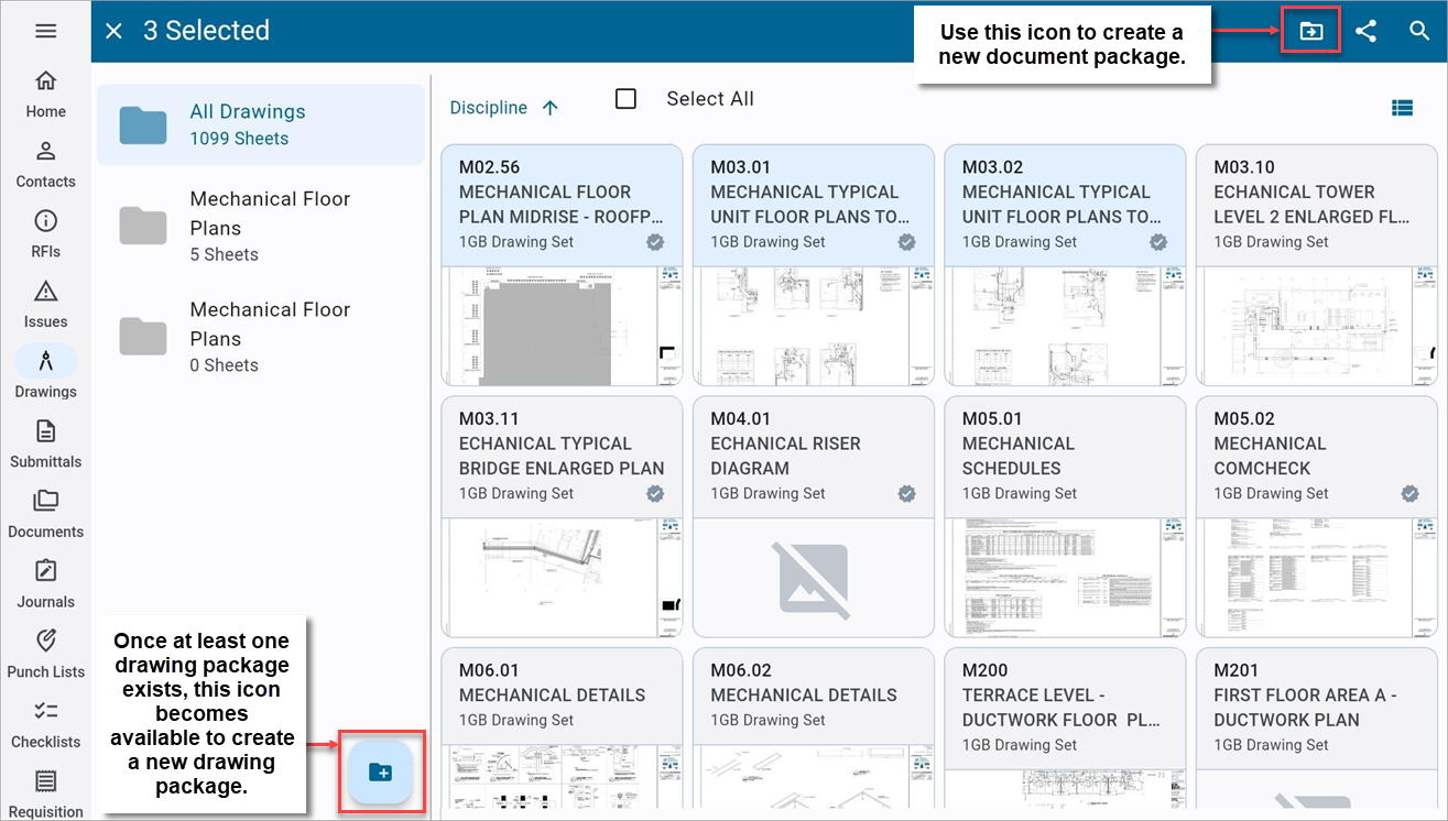 Screenshot of Drawings with items selected for drawing package.