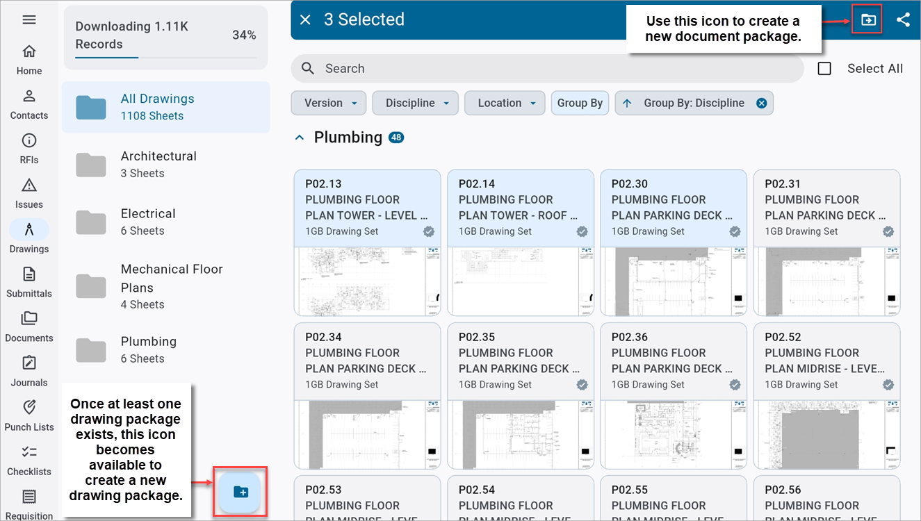 Screenshot of Drawings with items selected for drawing package.