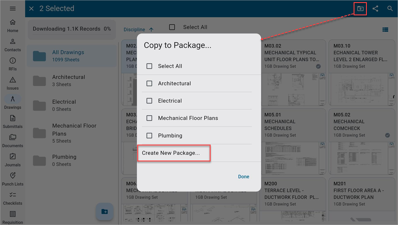 Screenshot of Drawings with Copy to Package pop-up