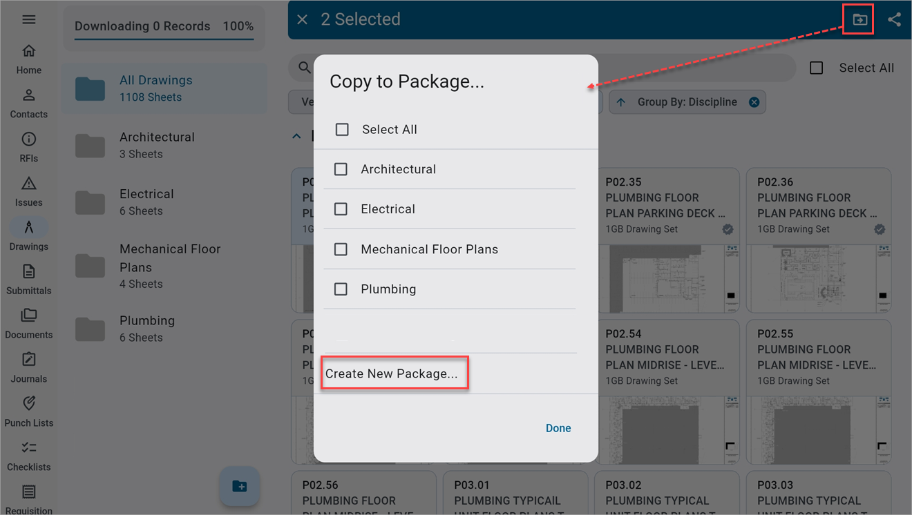 Screenshot of Drawings with Copy to Package pop-up