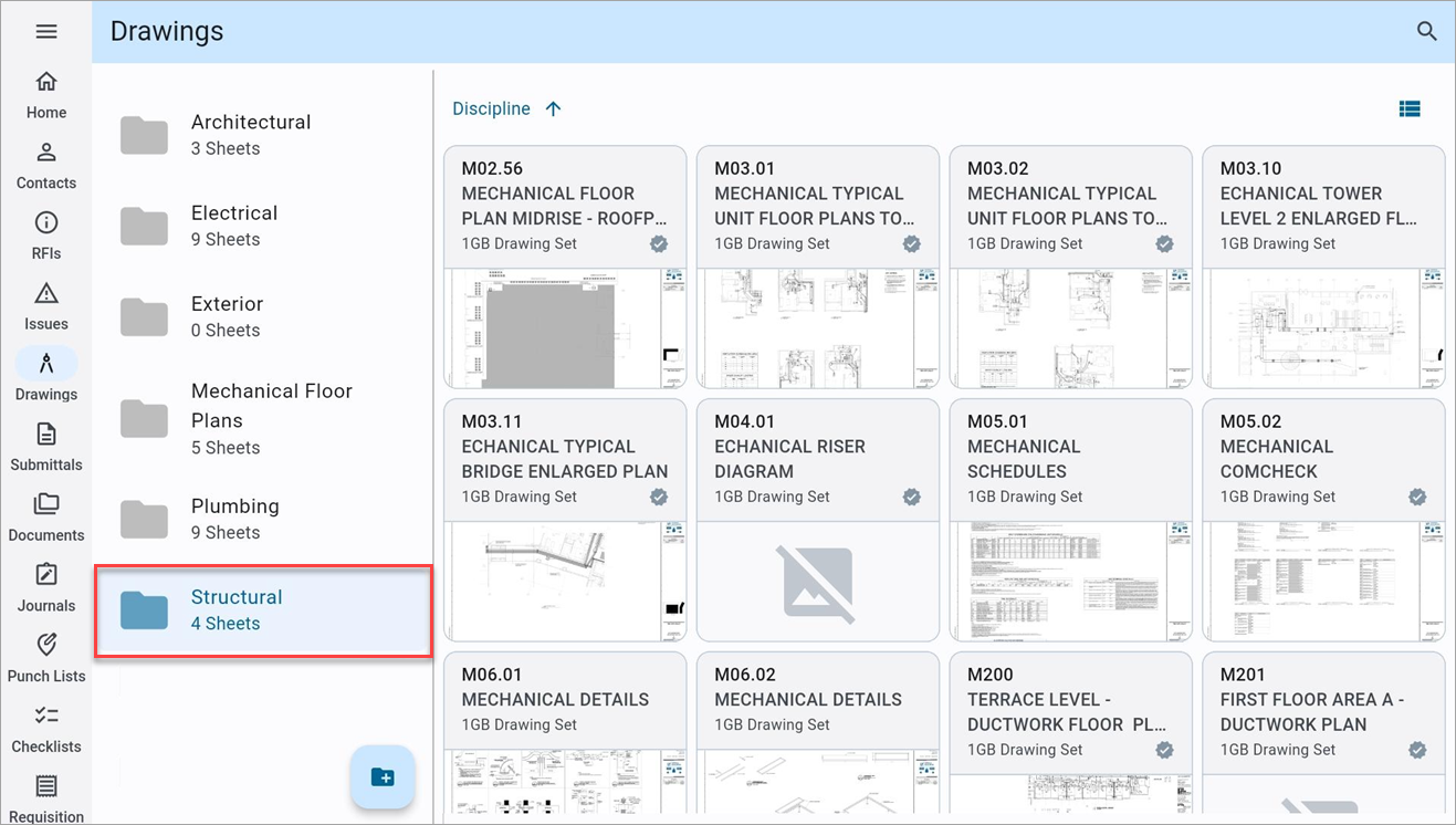 Screenshot of Drawings with drawing package selected